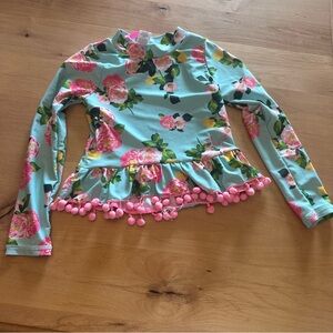 Betsy Johnson Floral Long Sleeve Rash Guard SwimTop with Pom Pom Trim Size 6